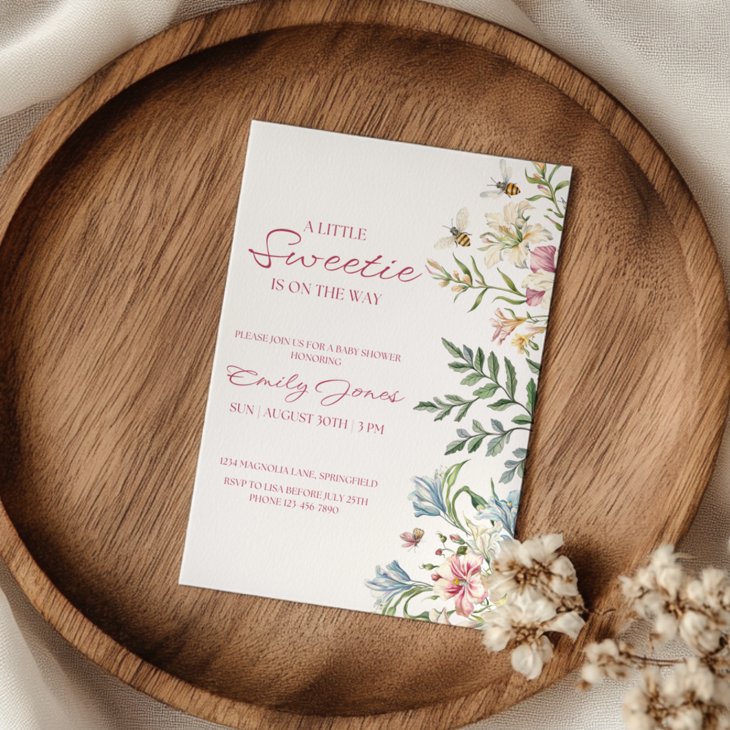Baby Shower Invitation - A Little Sweetie Floral Spring Garden Party with Bees BS135