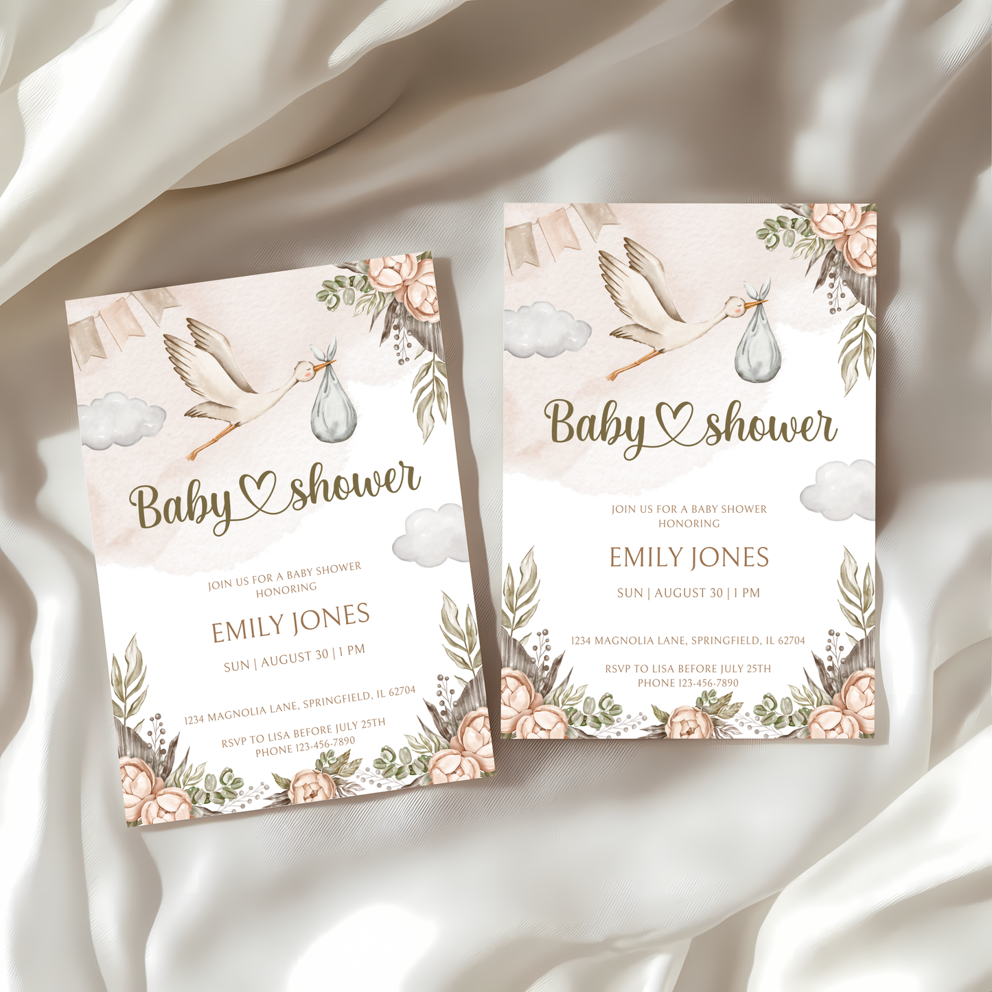 Baby Shower Invitation - Stork Carrying Baby Boho Beige BS104