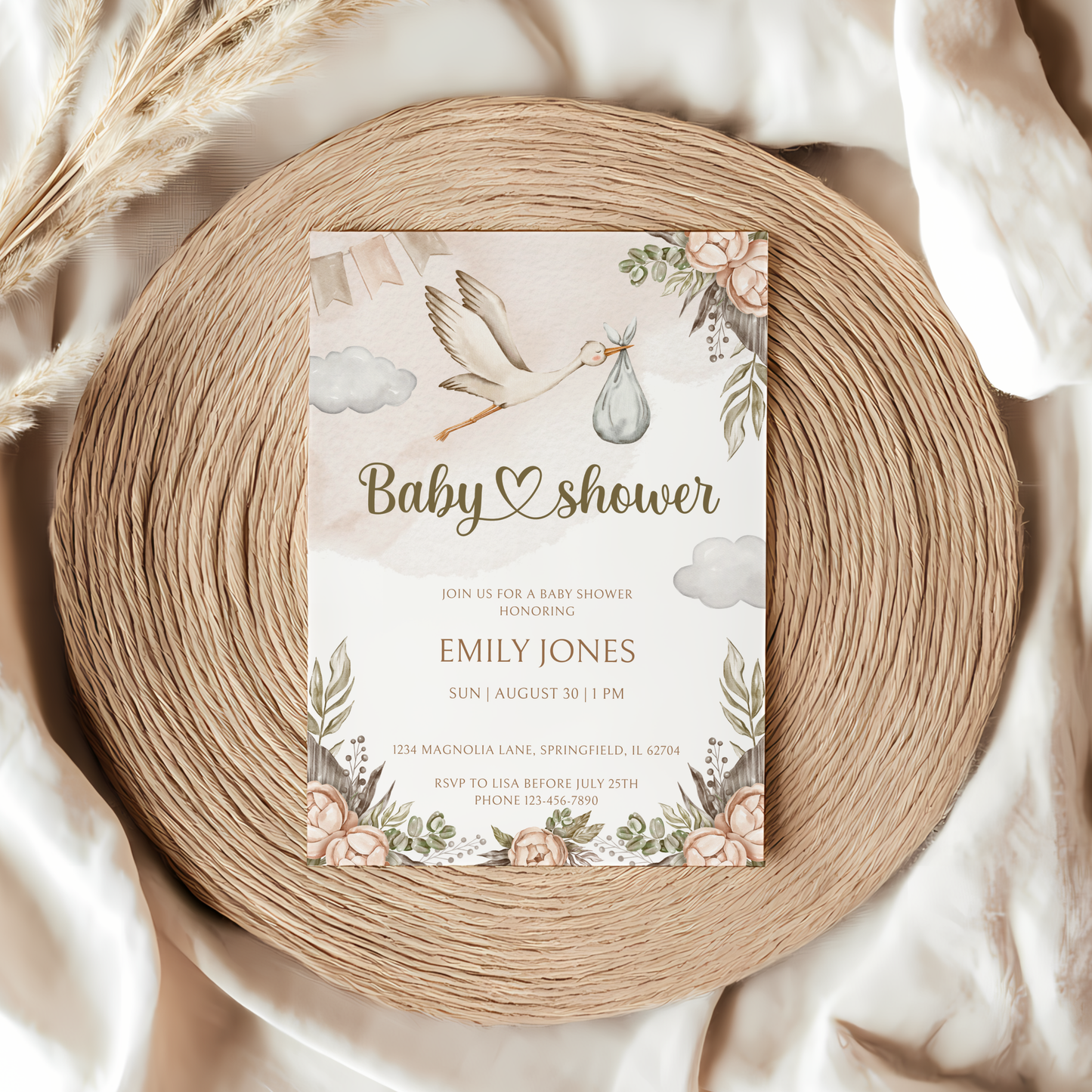 Baby Shower Invitation - Stork Carrying Baby Boho Beige BS104