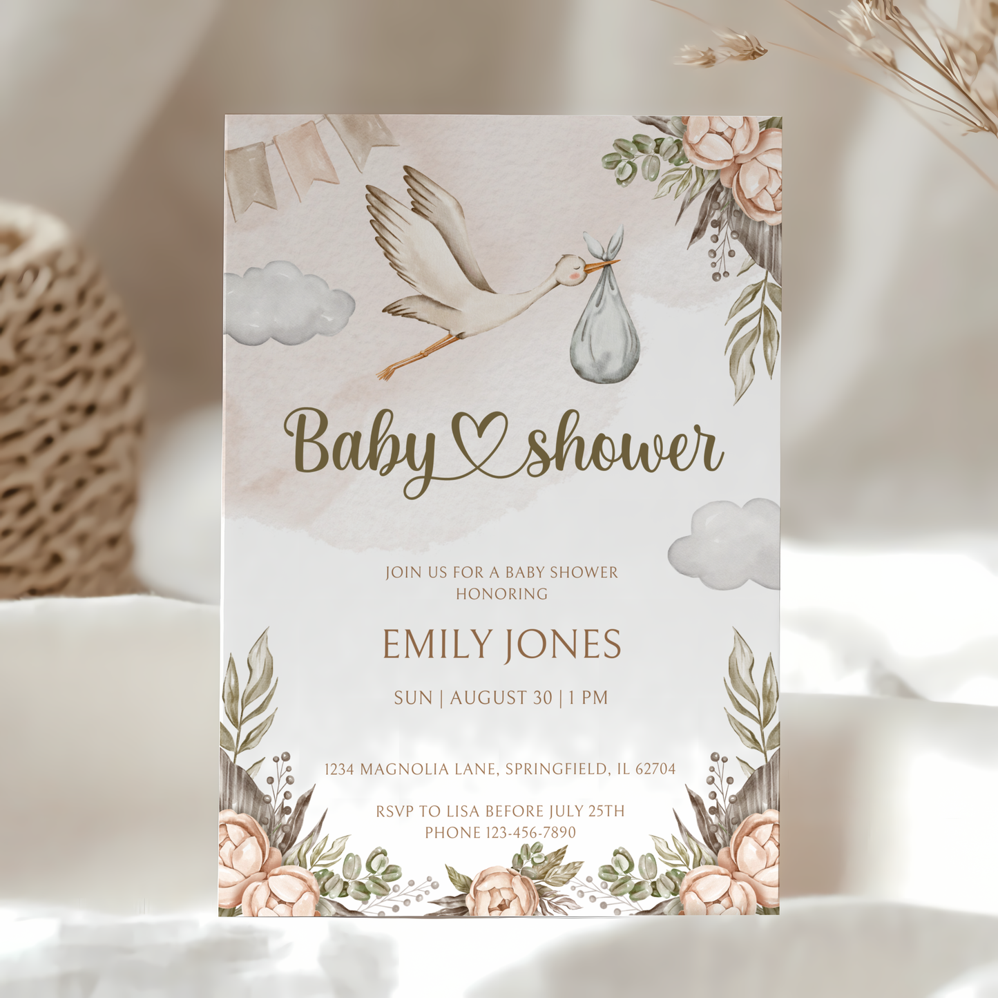 Baby Shower Invitation - Stork Carrying Baby Boho Beige BS104