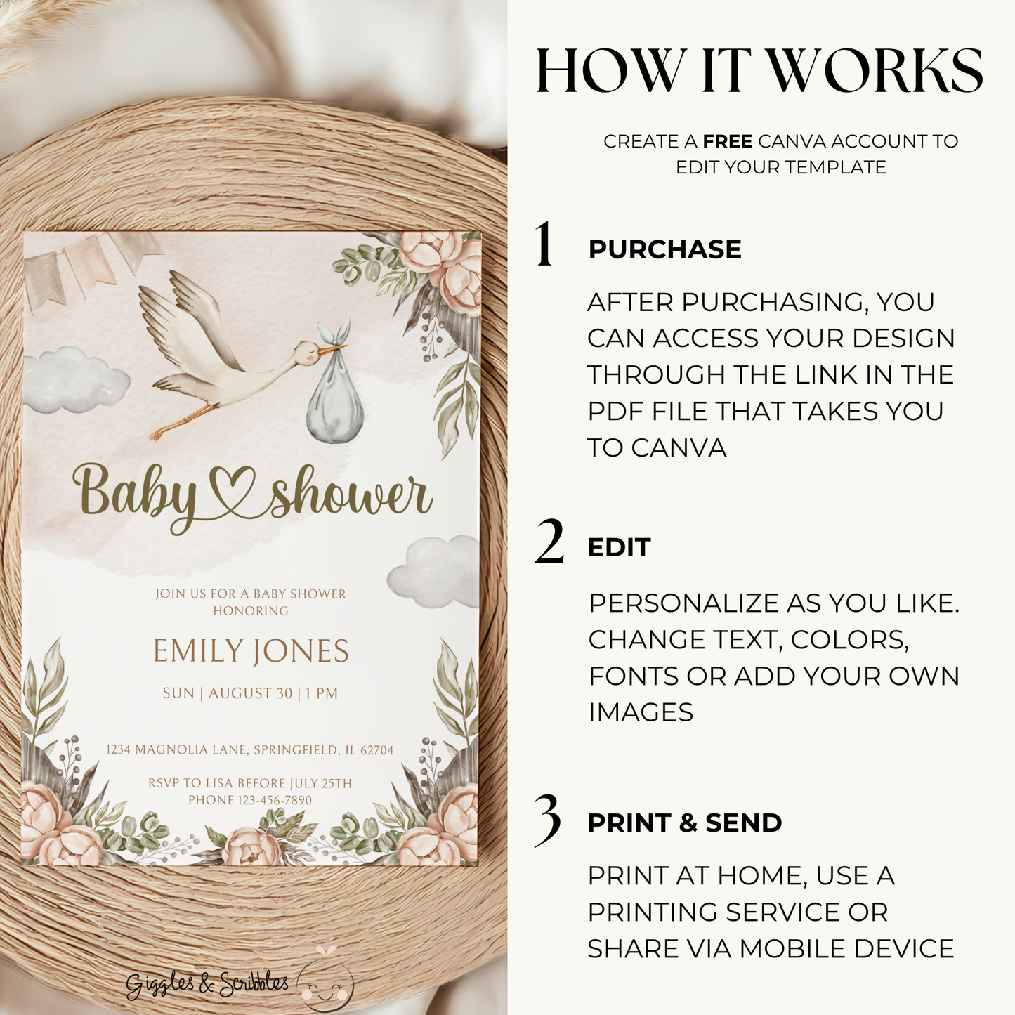 Baby Shower Invitation - Stork Carrying Baby Boho Beige BS104