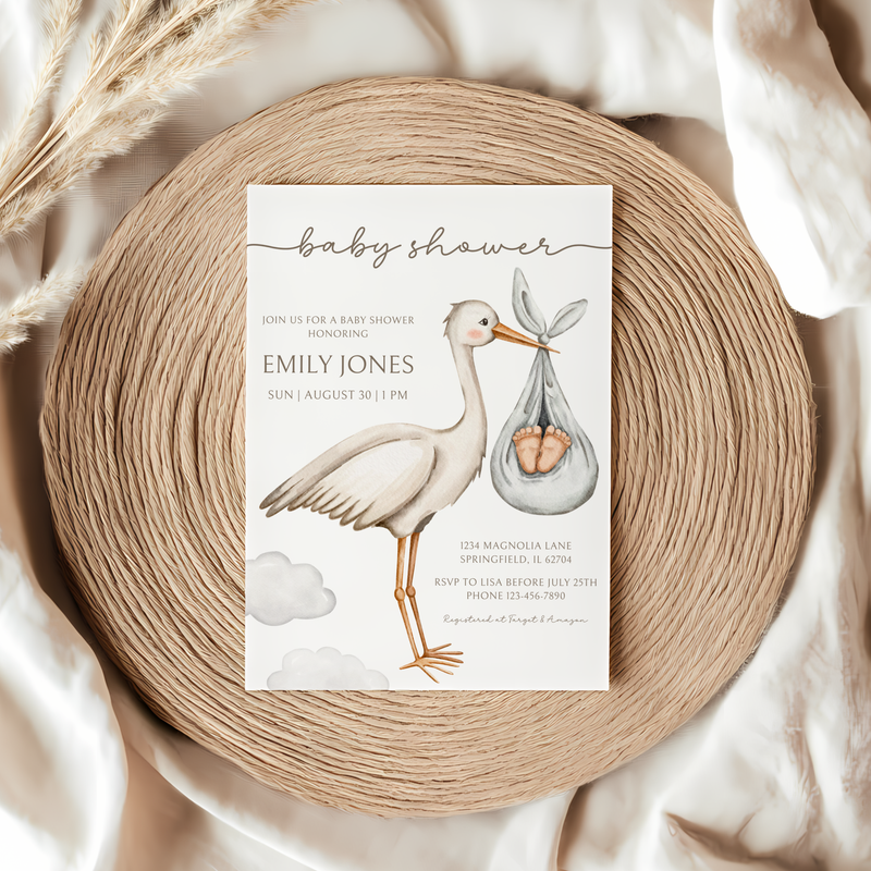 Baby Shower Invitation - Bundle Of Joy Stork Carrying BS107