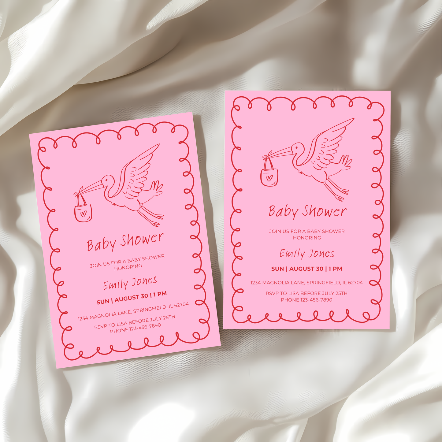 Baby Shower Invitation - Pink Hand Drawn Stork Red BS105