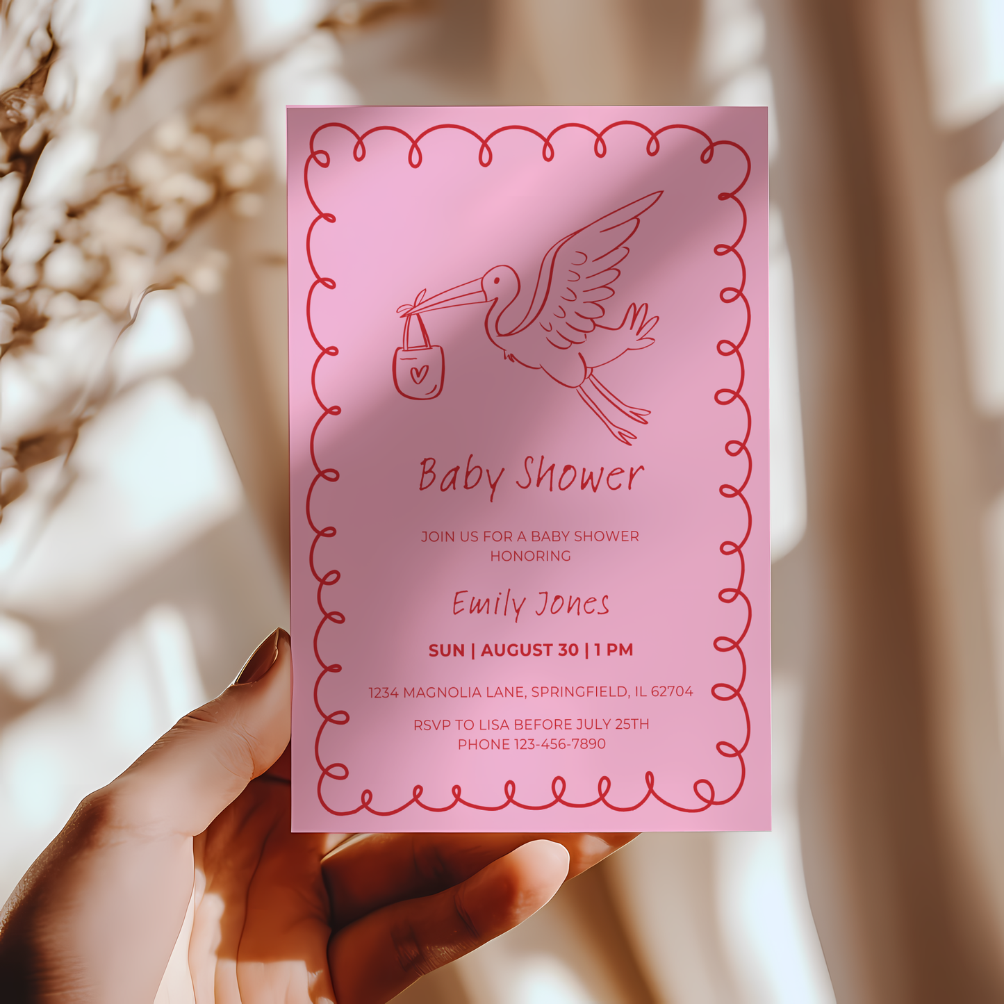 Baby Shower Invitation - Pink Hand Drawn Stork Red BS105