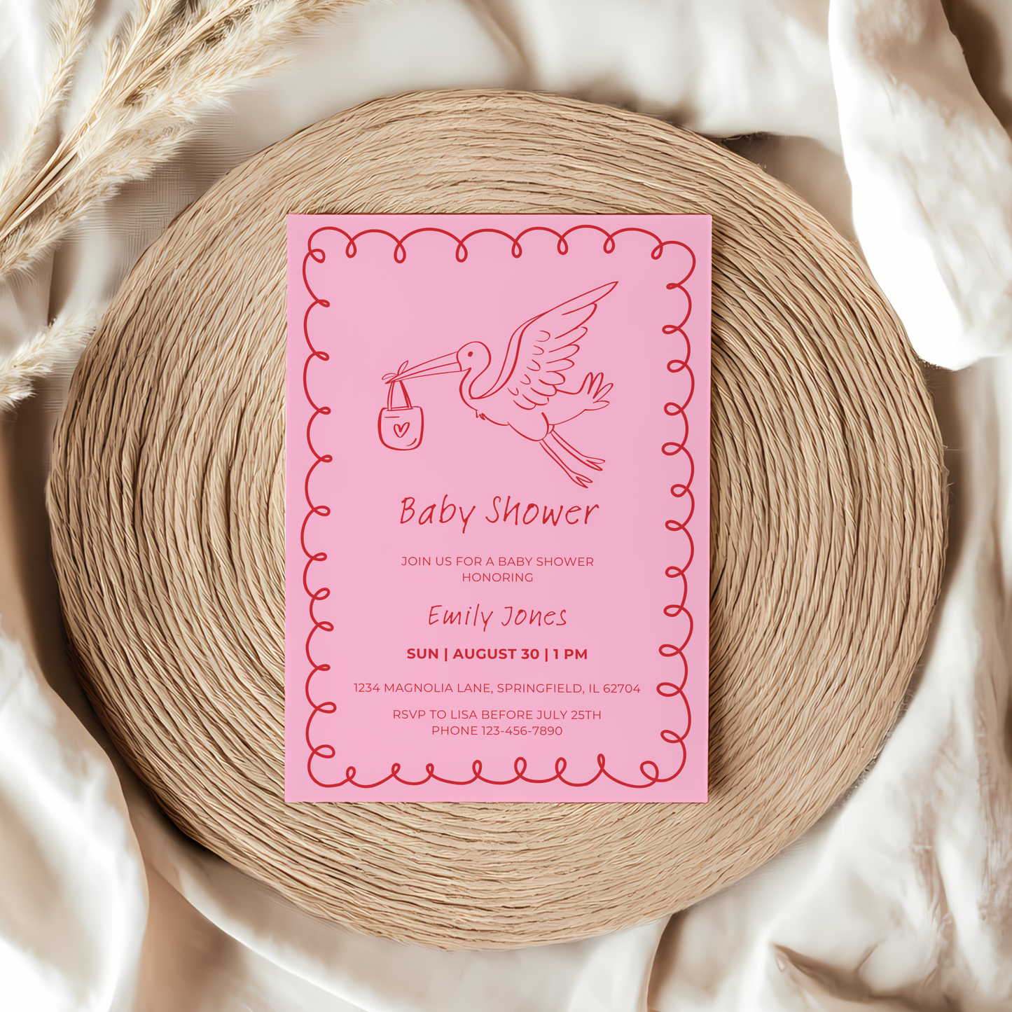 Baby Shower Invitation - Pink Hand Drawn Stork Red BS105