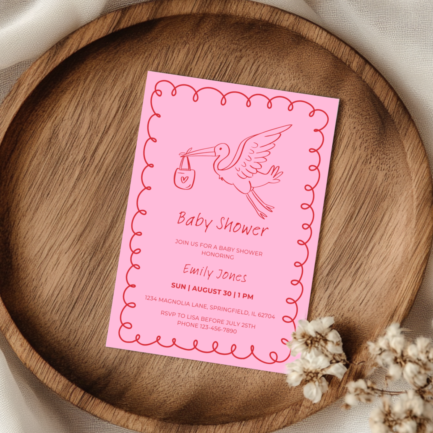 Baby Shower Invitation - Pink Hand Drawn Stork Red BS105