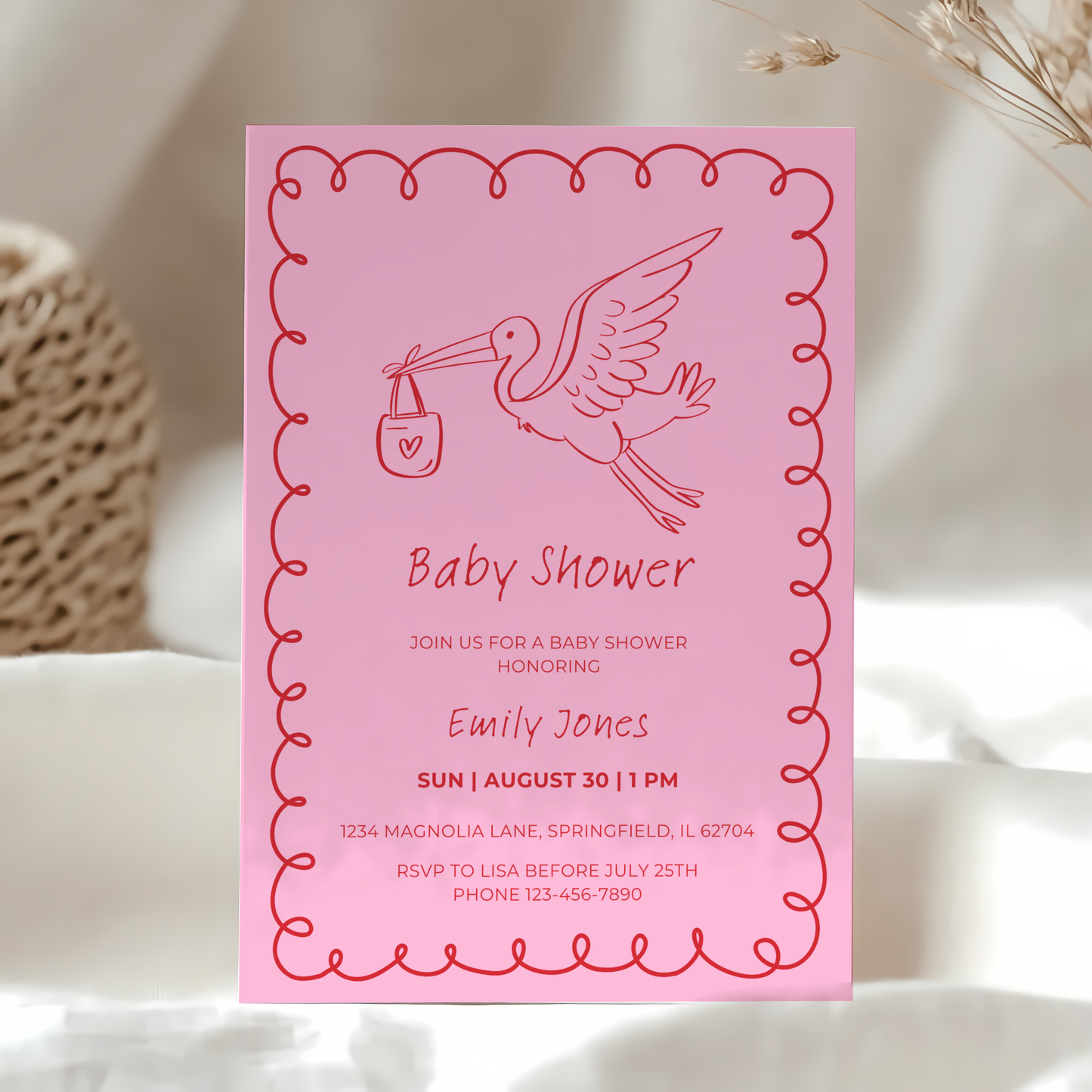 Baby Shower Invitation - Pink Hand Drawn Stork Red BS105