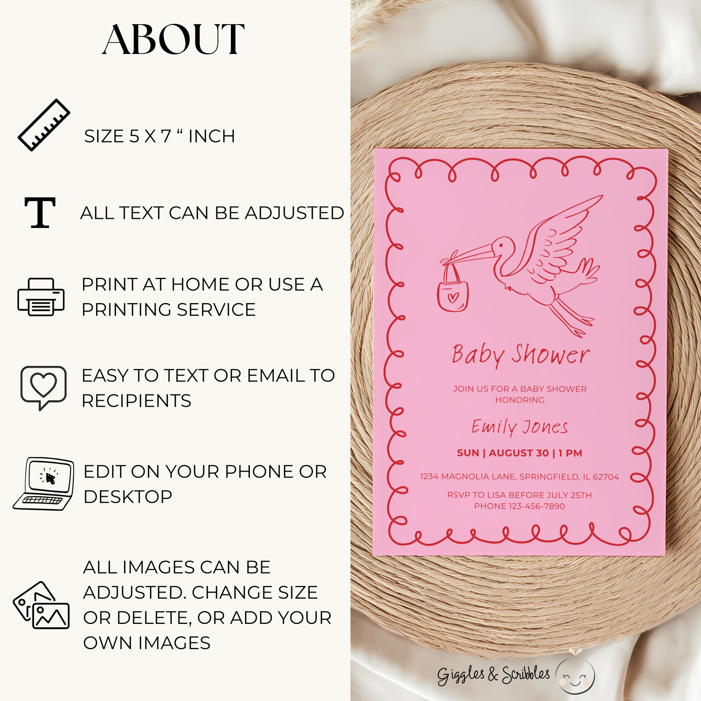 Baby Shower Invitation - Pink Hand Drawn Stork Red BS105