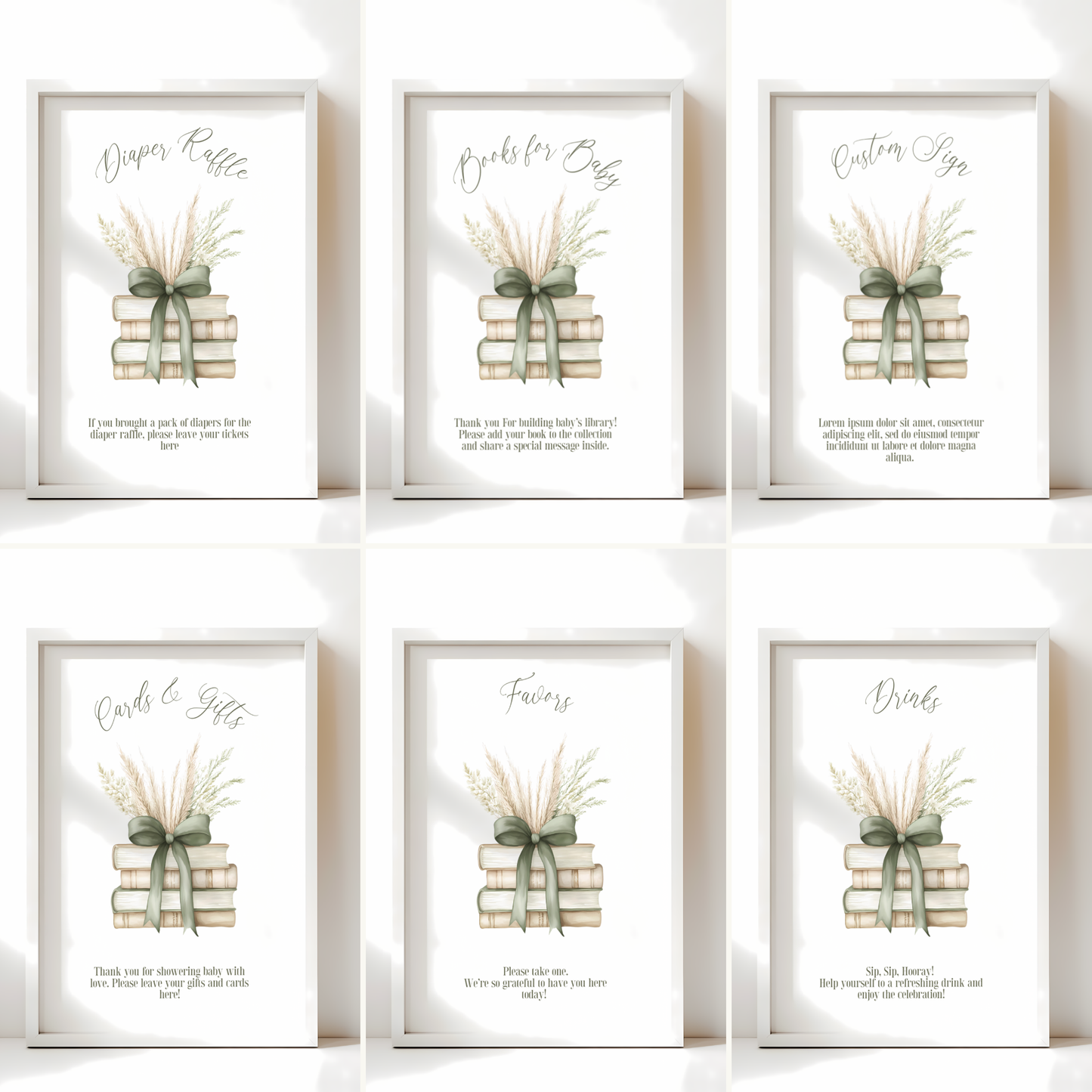Baby Shower Table Sign Bundle - Sage Green Storybook A New Chapter BS72