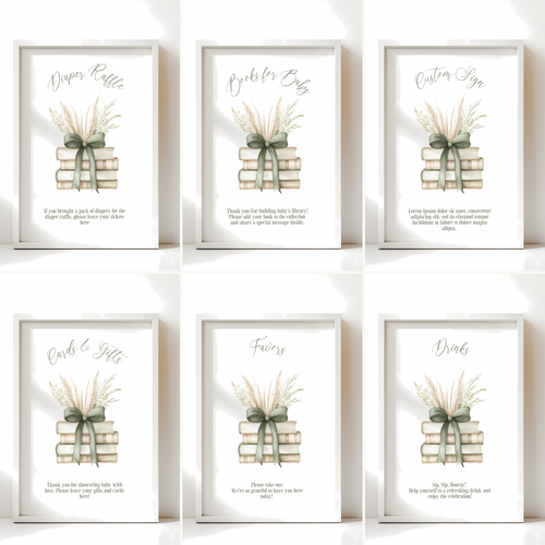 Baby Shower Table Sign Bundle - Sage Green Storybook A New Chapter BS72