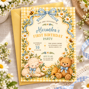 Storybook First Birthday Invitation – Yellow Gingham, Teddy Bear & Lamb L191
