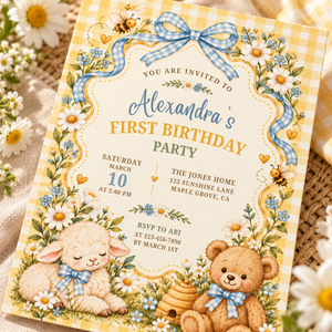 Storybook First Birthday Invitation – Yellow Gingham, Teddy Bear & Lamb L191