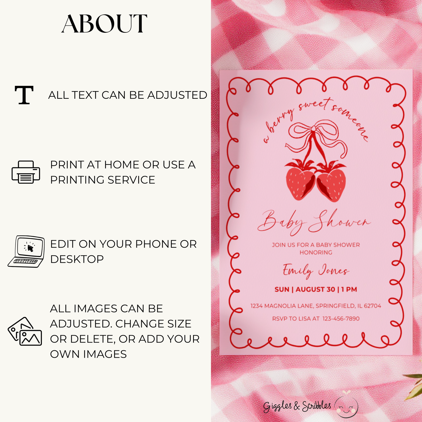 Baby Shower Invitation Bundle - Berry Sweet Coquette Pink Strawberry Grandmillennial BS151