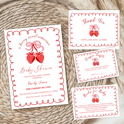 Baby Shower Invitation Bundle - Minimalistic Strawberry Berry Sweet Grandmillennial Coquette White BS151
