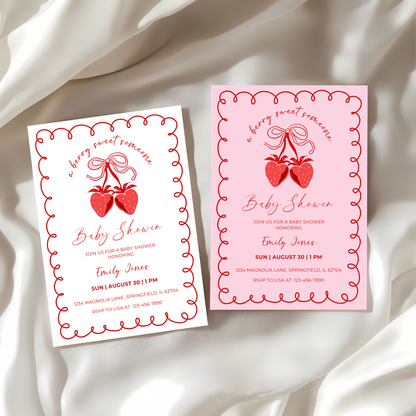 Baby Shower Invitation Bundle - Minimalistic Strawberry Berry Sweet Grandmillennial Coquette White BS151
