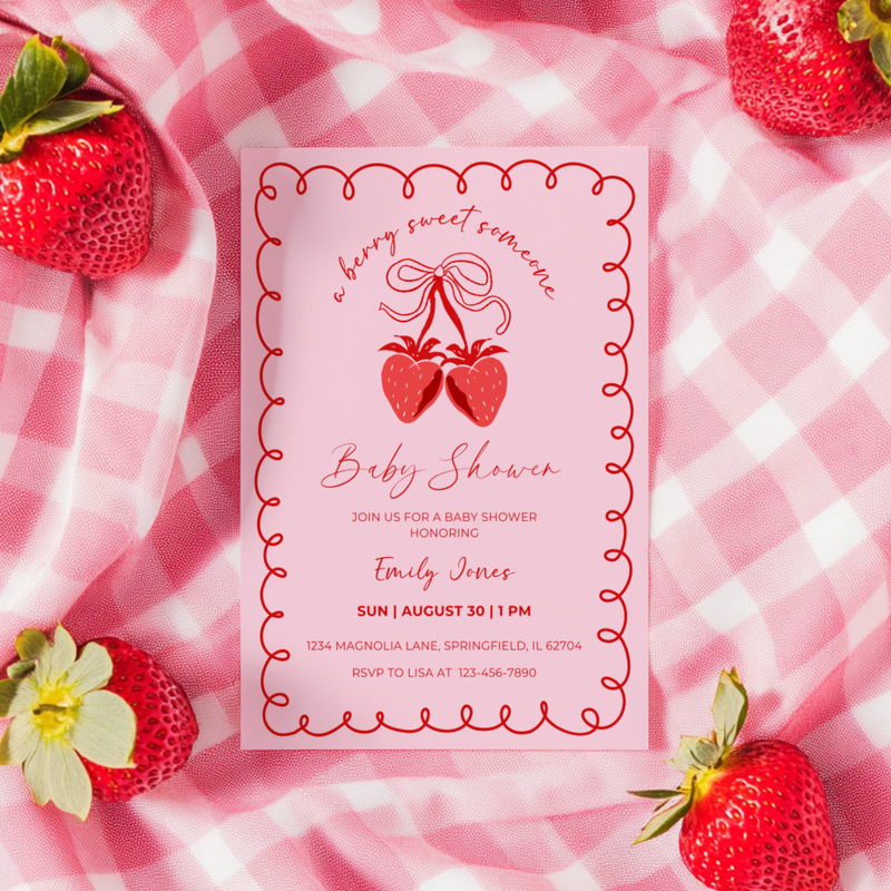 Baby Shower Invitation - Strawberry Coquette Bow Berry A Sweet Someone Pink BS151