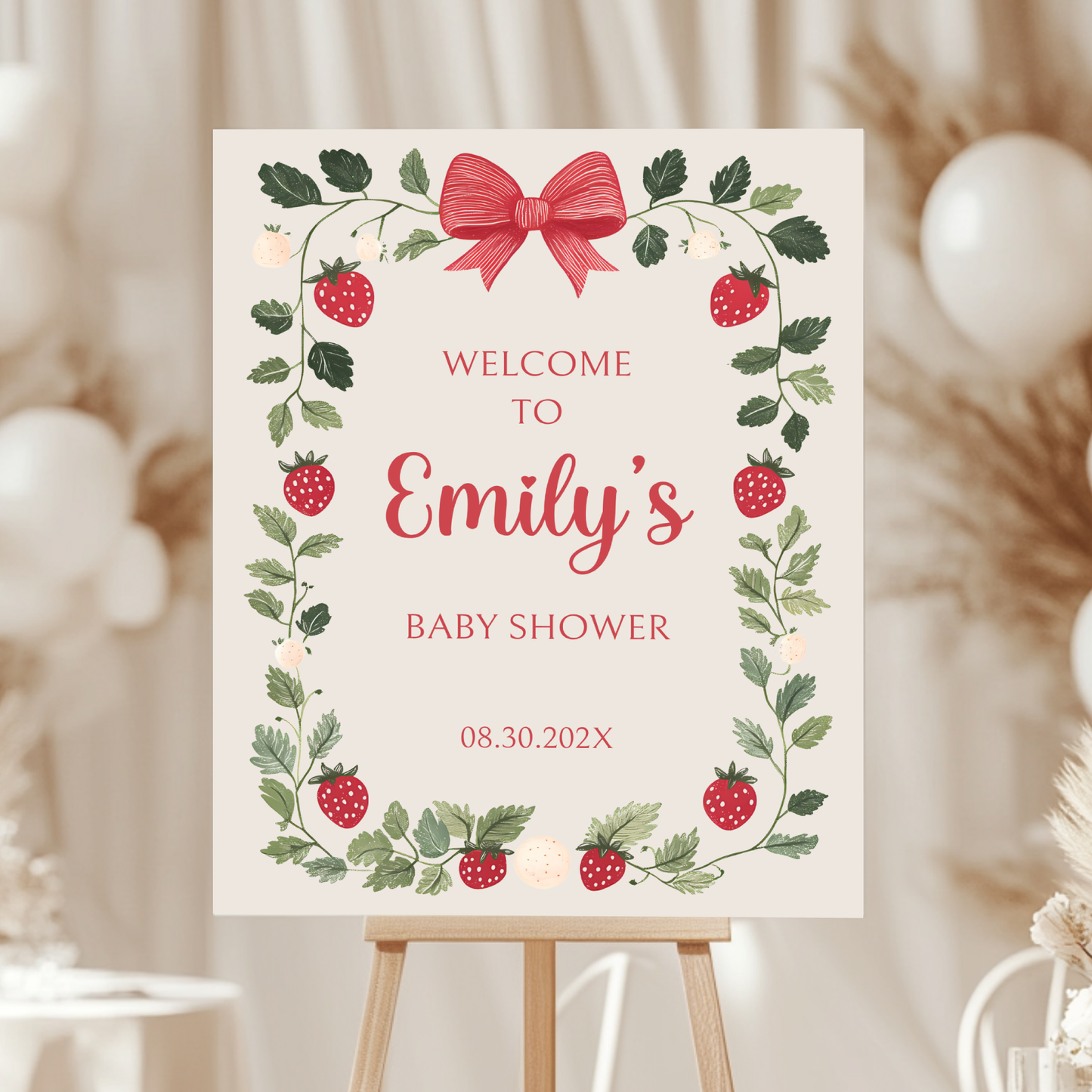 Baby Shower Welcome Sign - Beige Strawberry Berry Sweet Vintage Floral Gender Neutral BS63