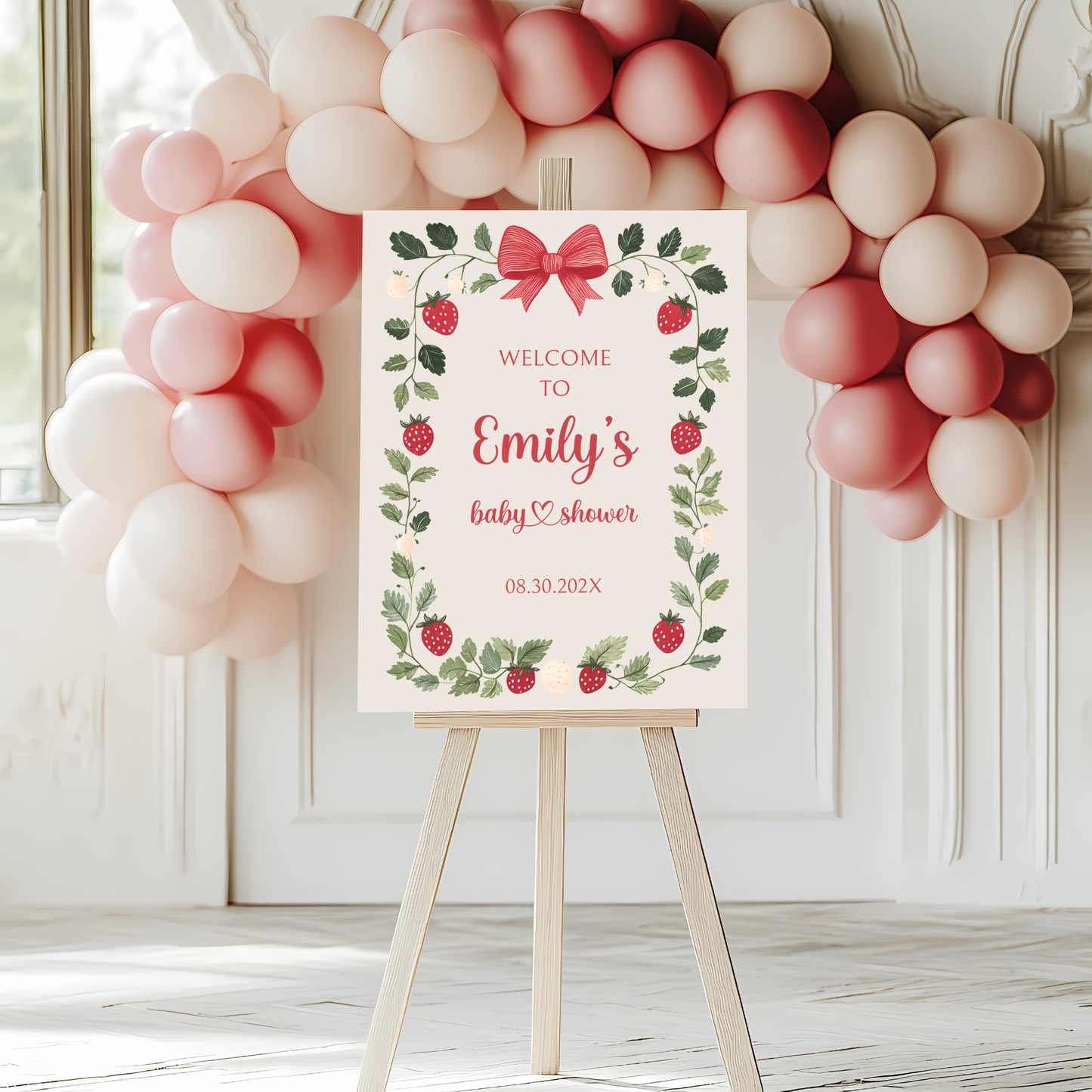 Baby Shower Welcome Sign - Beige Strawberry Berry Sweet Vintage Floral Gender Neutral BS63