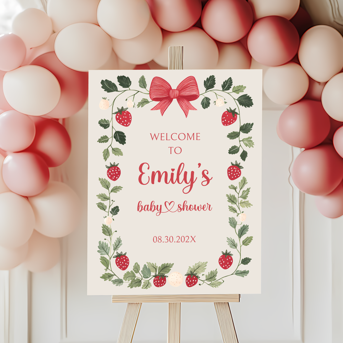 Baby Shower Welcome Sign - Beige Strawberry Berry Sweet Vintage Floral Gender Neutral BS63