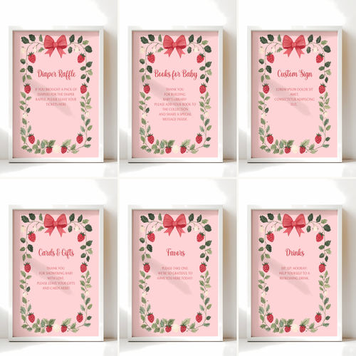 Baby Shower Table Sign Bundle - Berry Sweet Pink Strawberry Vintage Floral BS63