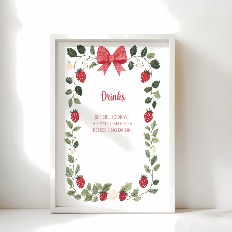 Baby Shower Table Sign Bundle - Berry Sweet Strawberry White Vintage Floral BS63