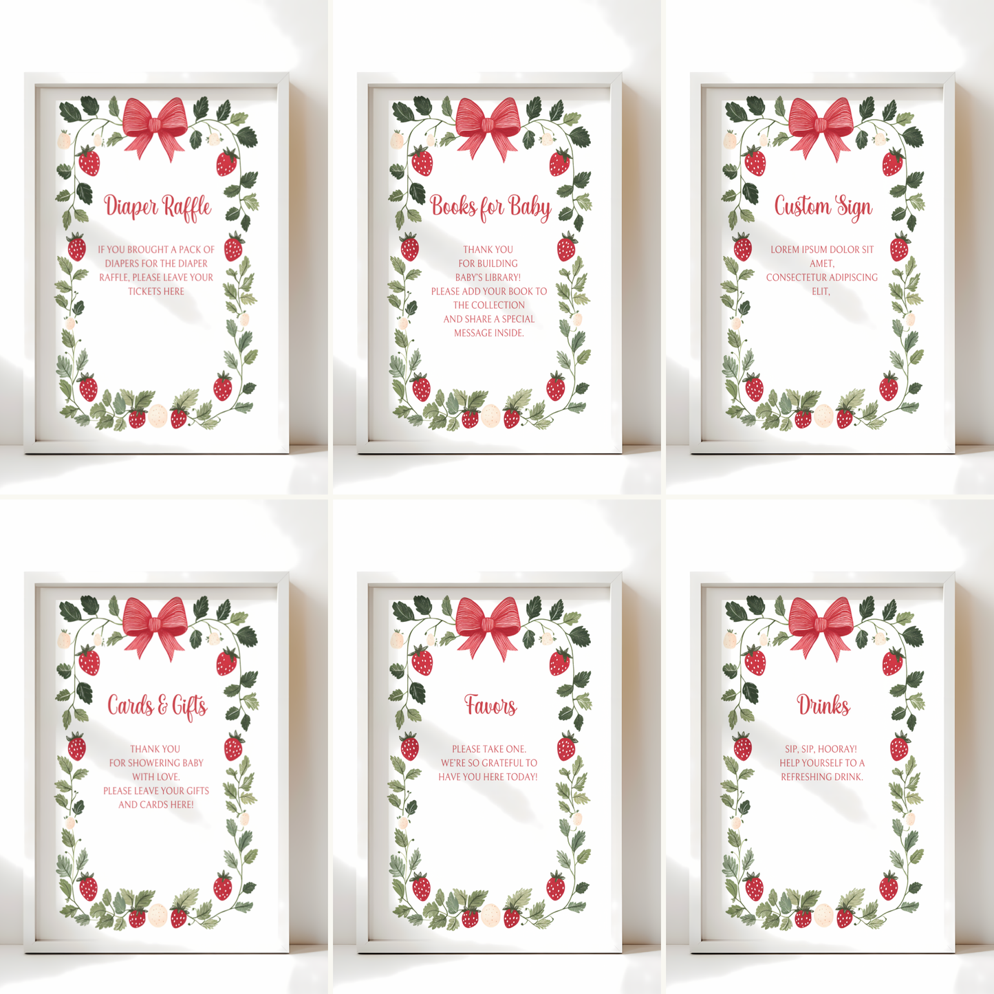Baby Shower Table Sign Bundle - Berry Sweet Strawberry White Vintage Floral BS63