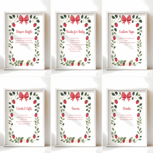Baby Shower Table Sign Bundle - Berry Sweet Strawberry White Vintage Floral BS63