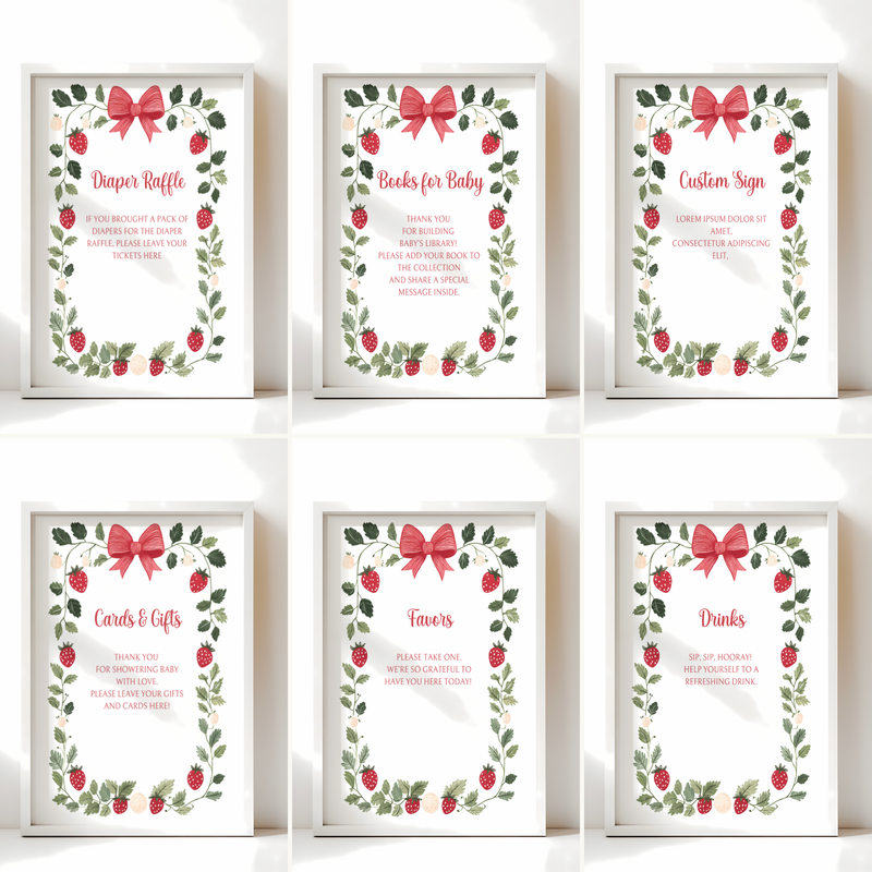 Baby Shower Table Sign Bundle - Berry Sweet Strawberry White Vintage Floral BS63