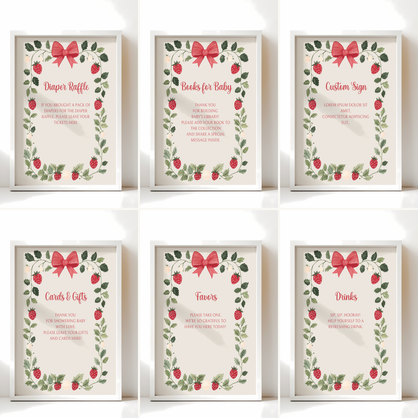 Baby Shower Table Sign Bundle - Strawberry Berry Sweet Beige Vintage Floral BS63