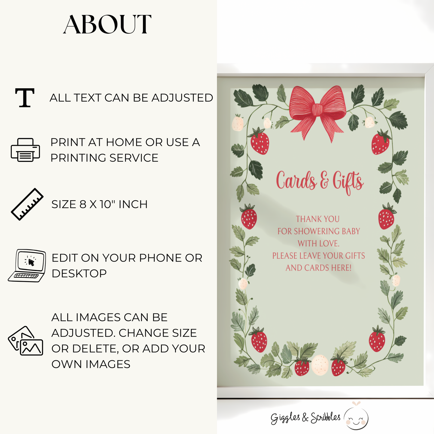 Baby Shower Table Sign Bundle - Strawberry Berry Sweet Green Vintage Floral BS63