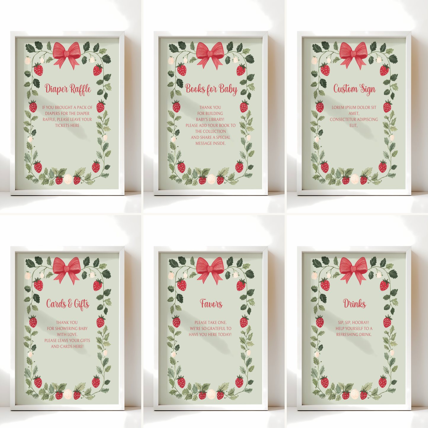 Baby Shower Table Sign Bundle - Strawberry Berry Sweet Green Vintage Floral BS63