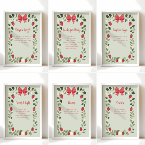 Baby Shower Table Sign Bundle - Strawberry Berry Sweet Green Vintage Floral BS63