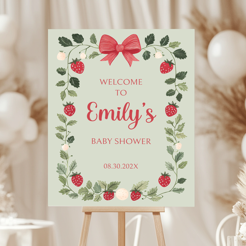 Baby Shower Welcome Sign - Green Strawberry Berry Sweet Vintage Floral BS63