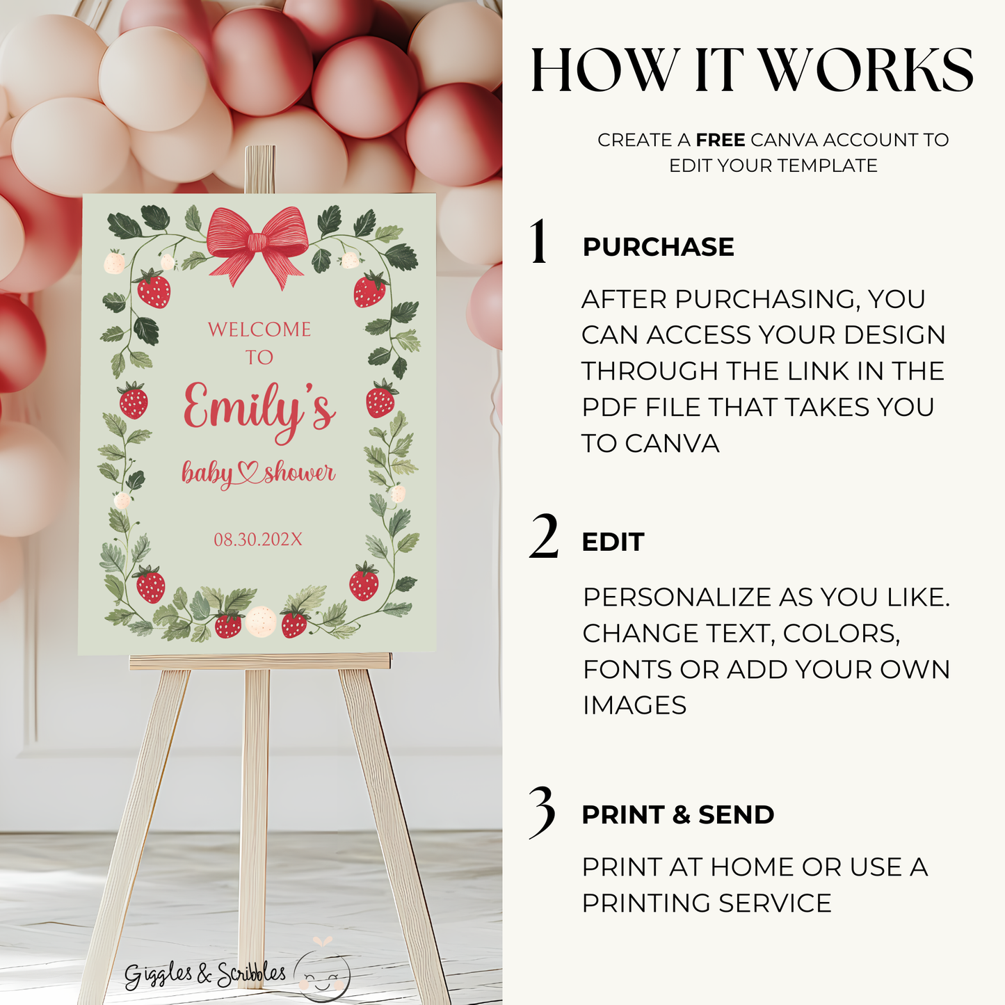 Baby Shower Welcome Sign - Green Strawberry Berry Sweet Vintage Floral BS63
