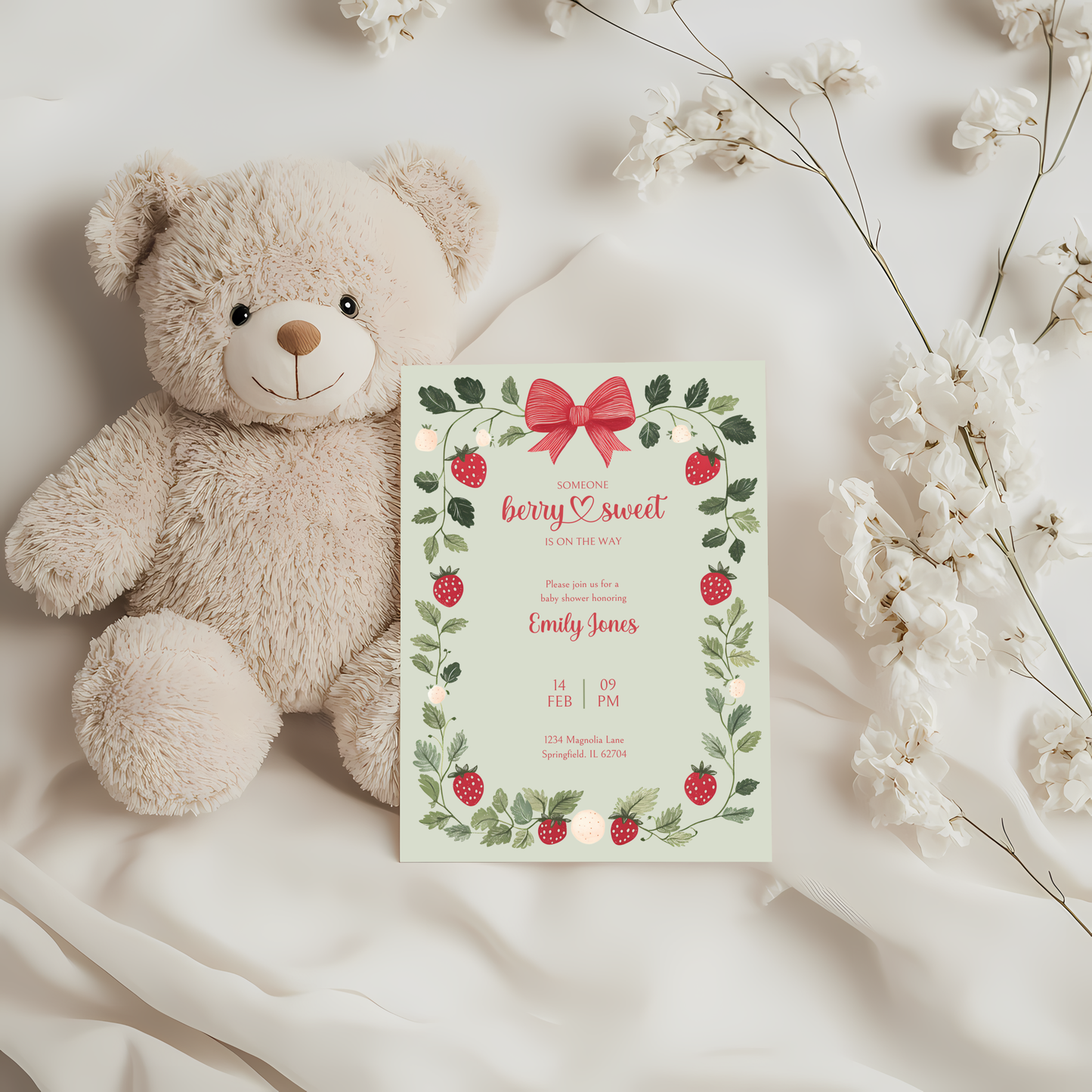 Baby Shower Invitation - Someone Berry Sweet Strawberry Vintage Green BS63