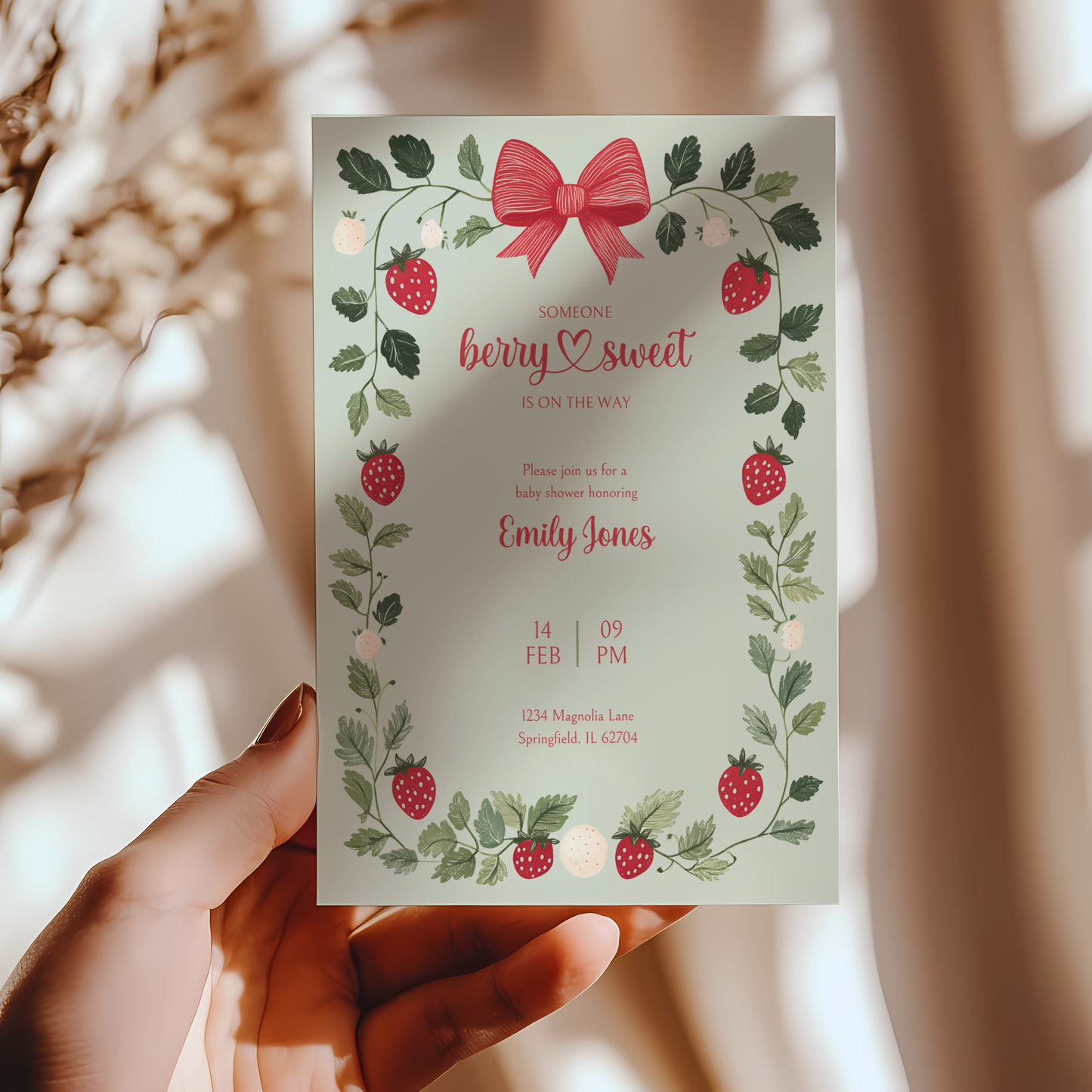 Baby Shower Invitation - Someone Berry Sweet Strawberry Vintage Green BS63