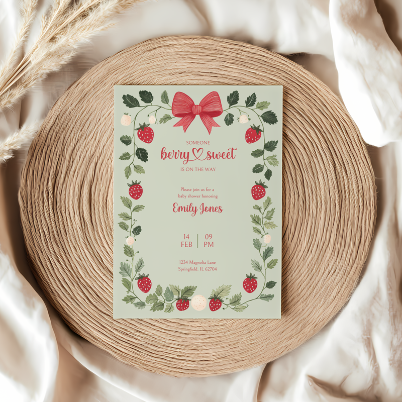 Baby Shower Invitation Bundle - Green Strawberry Berry Sweet Vintage Floral BS63