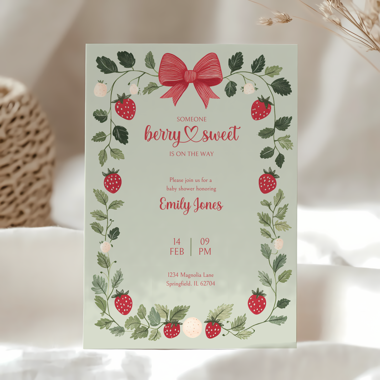Baby Shower Invitation Bundle - Green Strawberry Berry Sweet Vintage Floral BS63