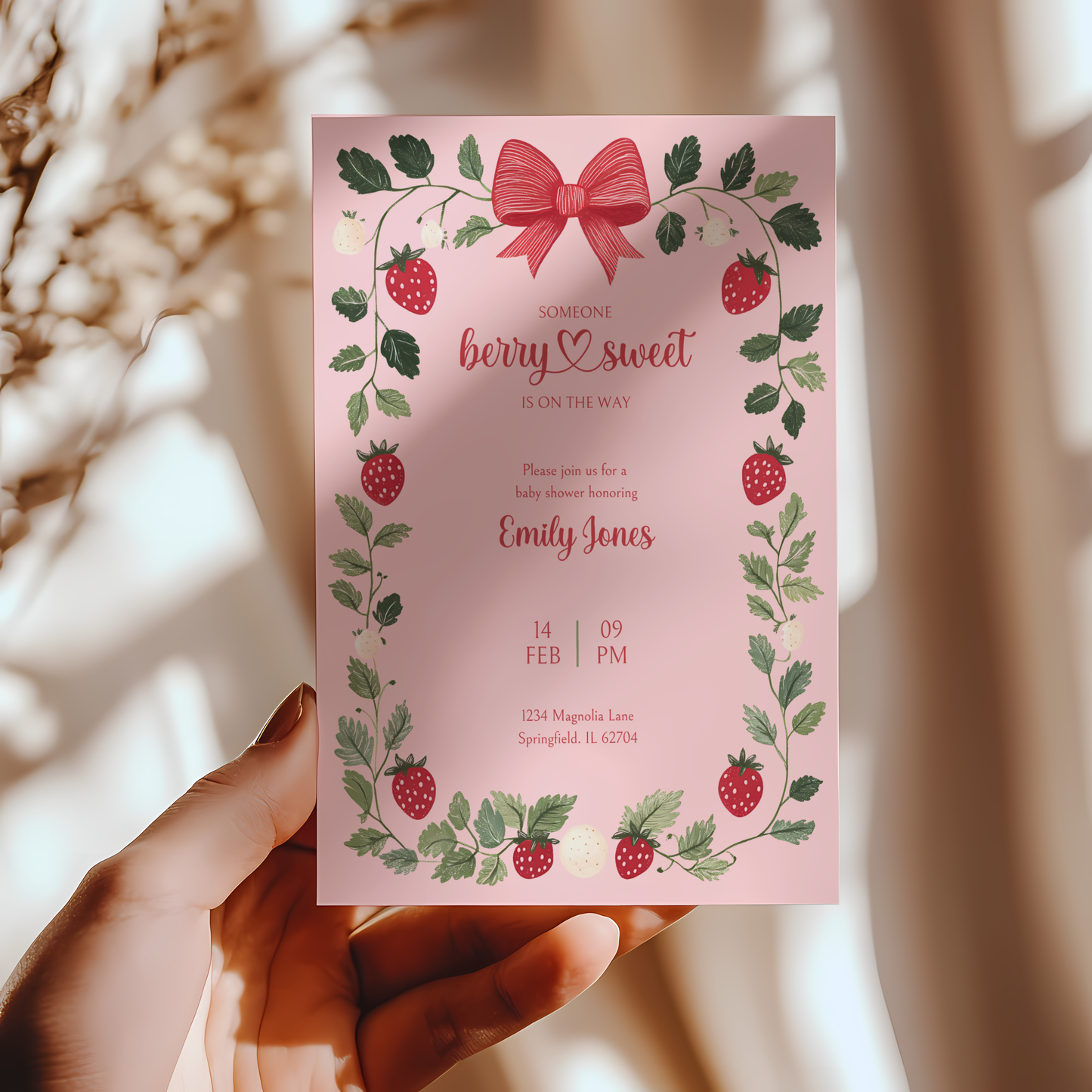 Baby Shower Invitation Bundle - Pink Strawberry Berry Sweet Vintage Floral BS63