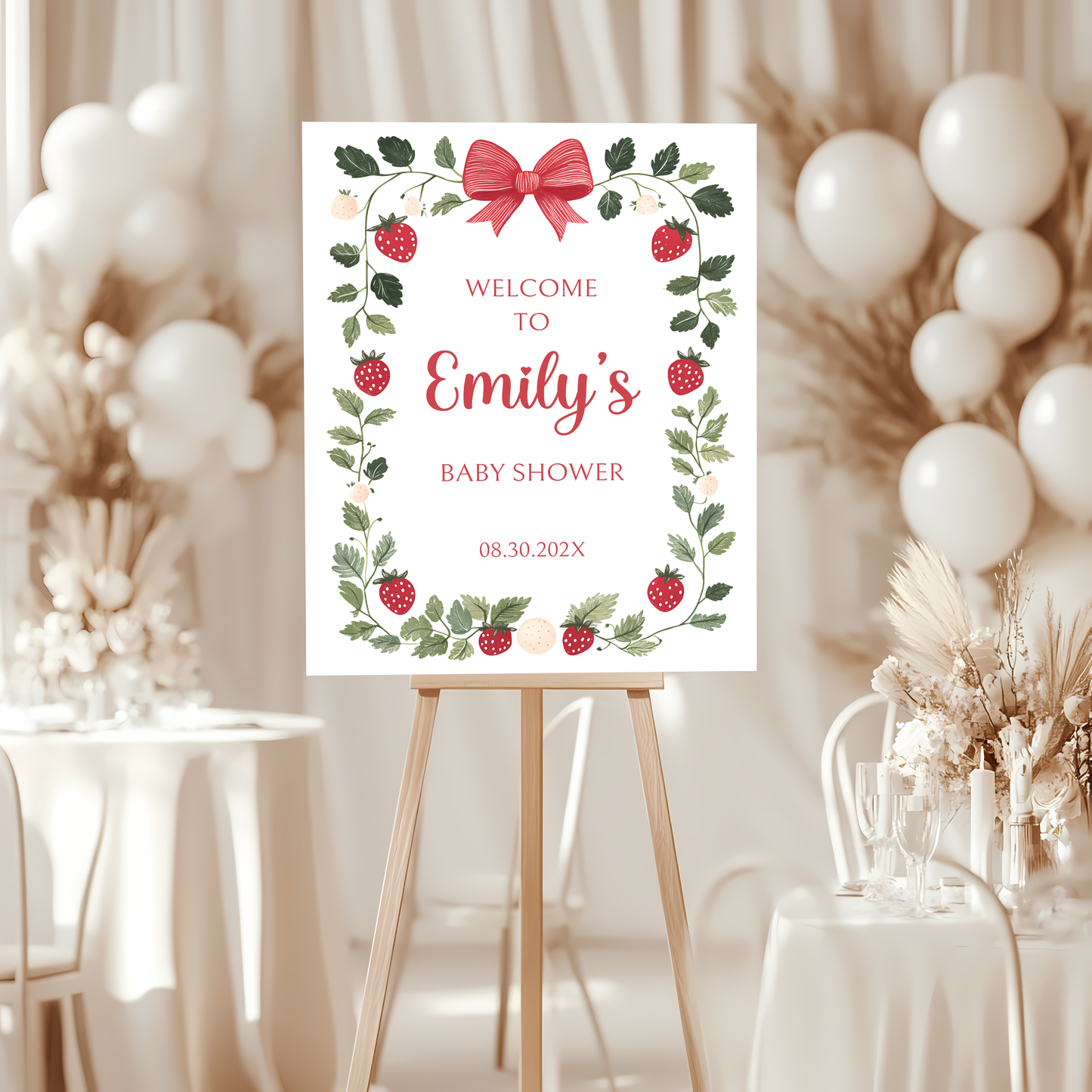 Baby Shower Welcome Sign - White Strawberry Berry Sweet Neutral Vintage Floral BS63