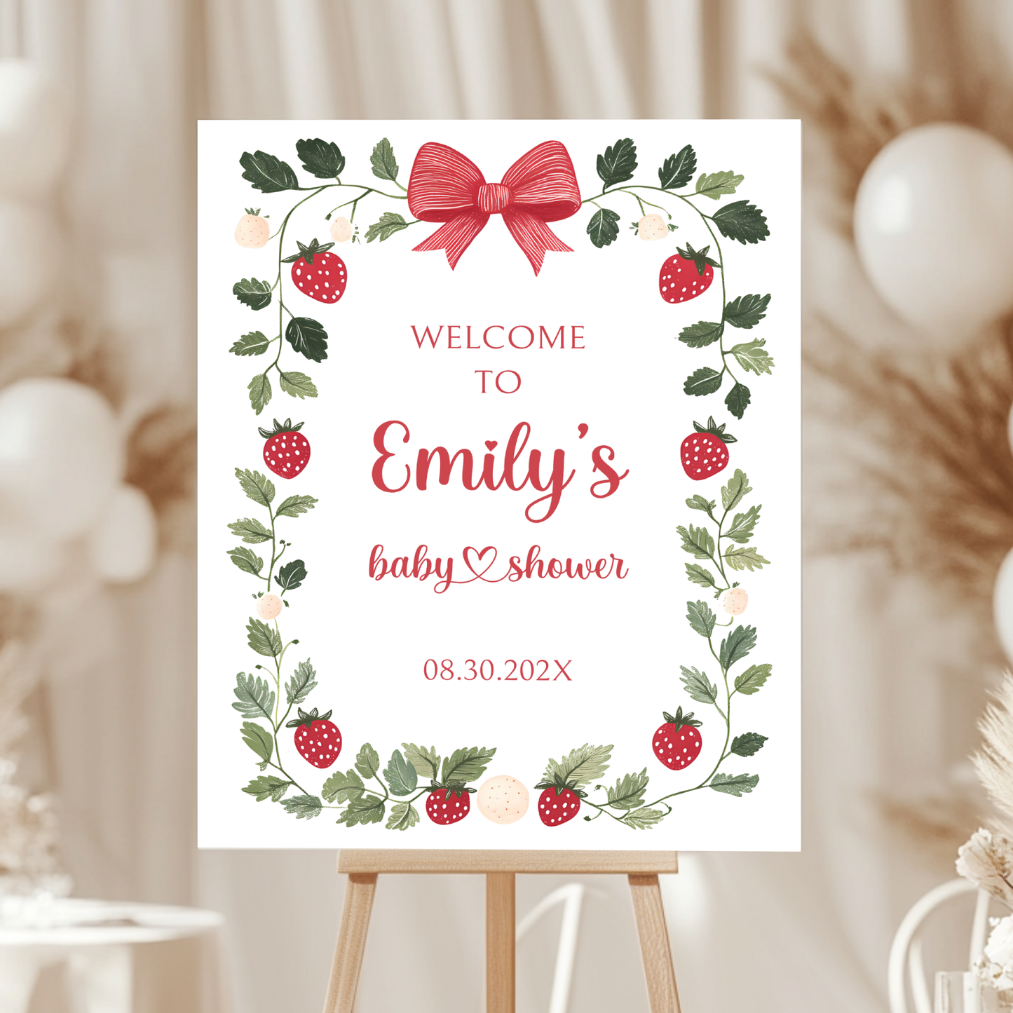 Baby Shower Welcome Sign - White Strawberry Berry Sweet Neutral Vintage Floral BS63