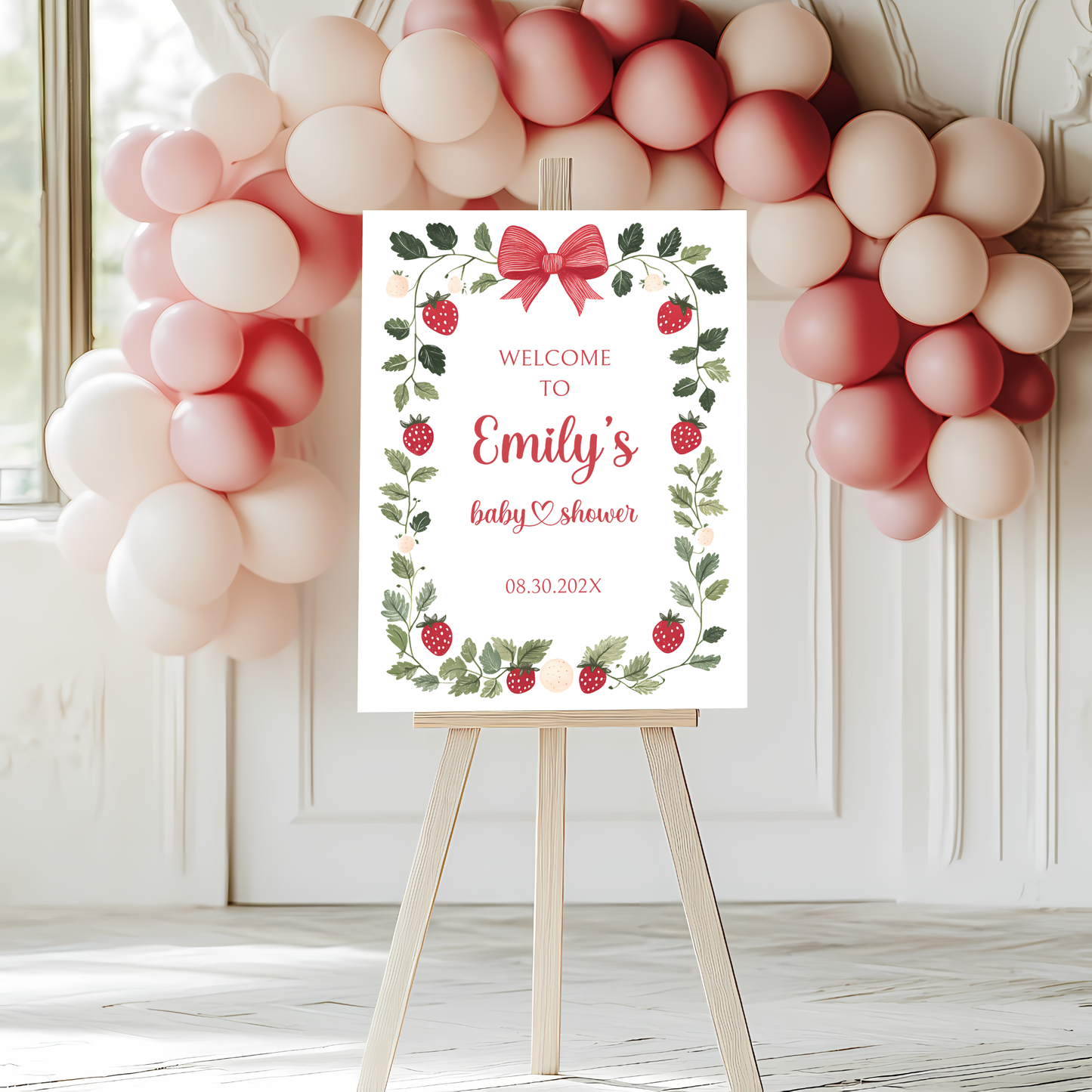 Baby Shower Welcome Sign - White Strawberry Berry Sweet Neutral Vintage Floral BS63