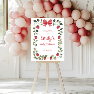 Baby Shower Welcome Sign - White Strawberry Berry Sweet Neutral Vintage Floral BS63