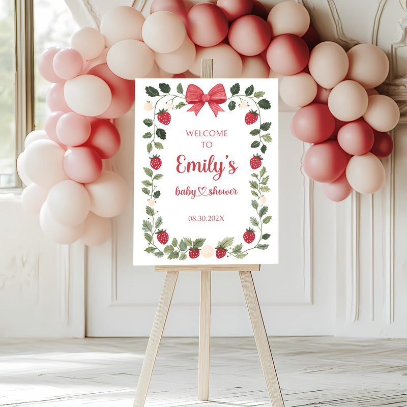 Baby Shower Welcome Sign - White Strawberry Berry Sweet Neutral Vintage Floral BS63