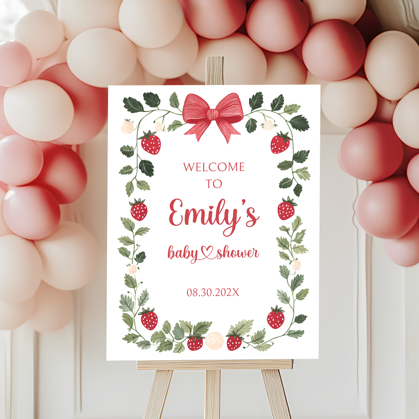 Baby Shower Welcome Sign - White Strawberry Berry Sweet Neutral Vintage Floral BS63