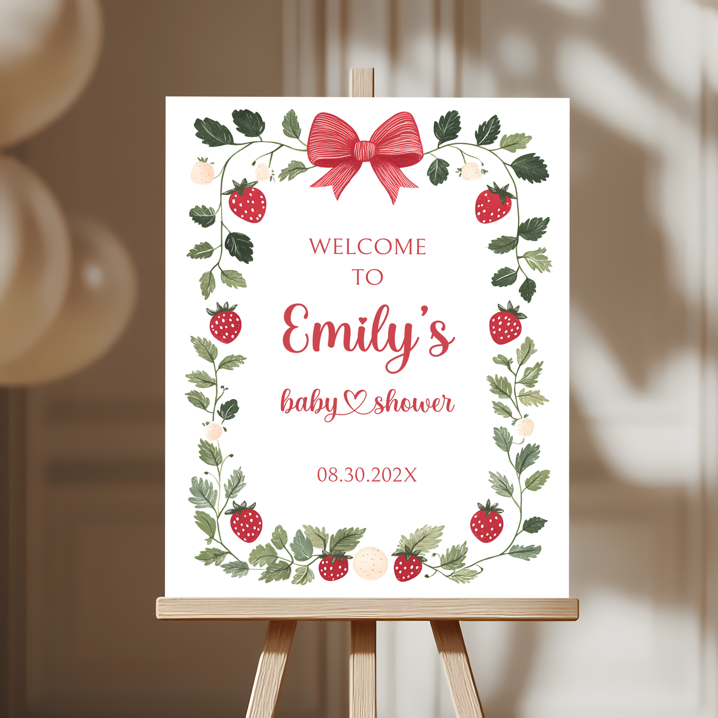 Baby Shower Welcome Sign - White Strawberry Berry Sweet Neutral Vintage Floral BS63
