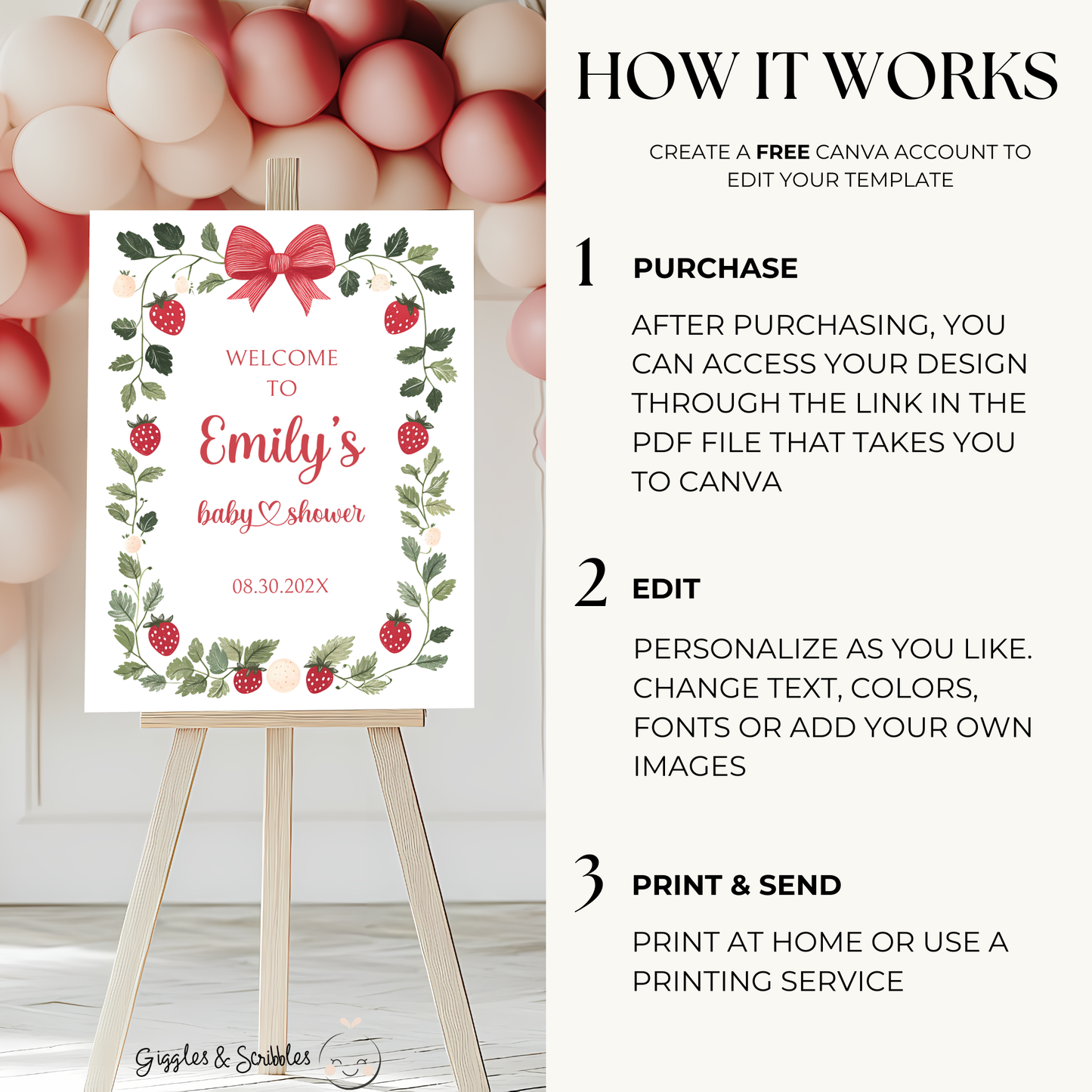 Baby Shower Welcome Sign - White Strawberry Berry Sweet Neutral Vintage Floral BS63