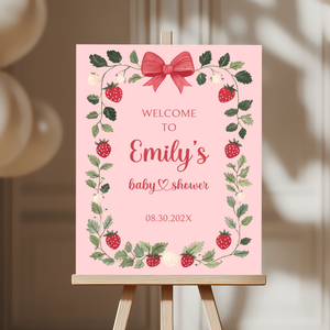 Baby Shower Welcome Sign - Pink Strawberry Berry Sweet Vintage Floral BS63