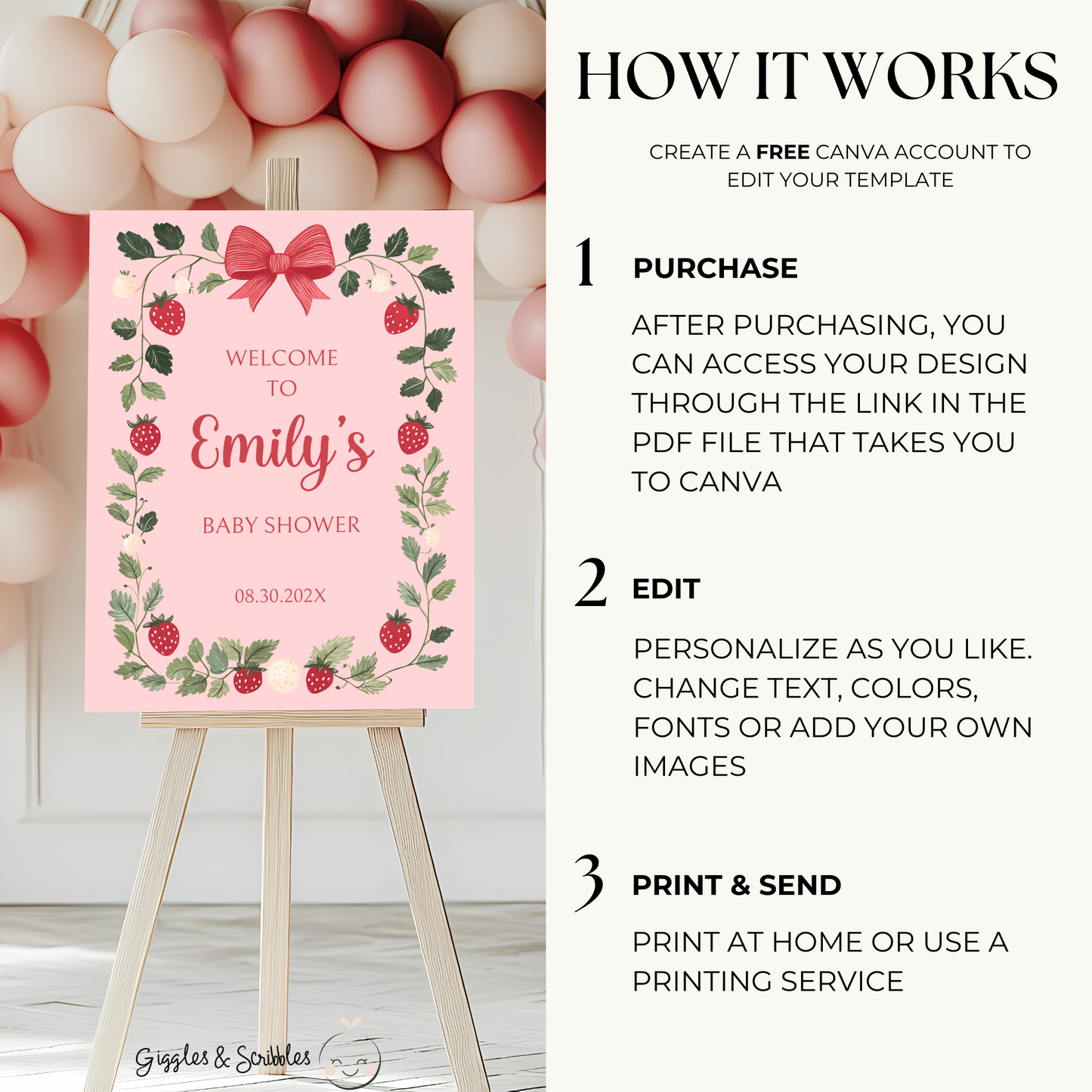 Baby Shower Welcome Sign - Pink Strawberry Berry Sweet Vintage Floral BS63