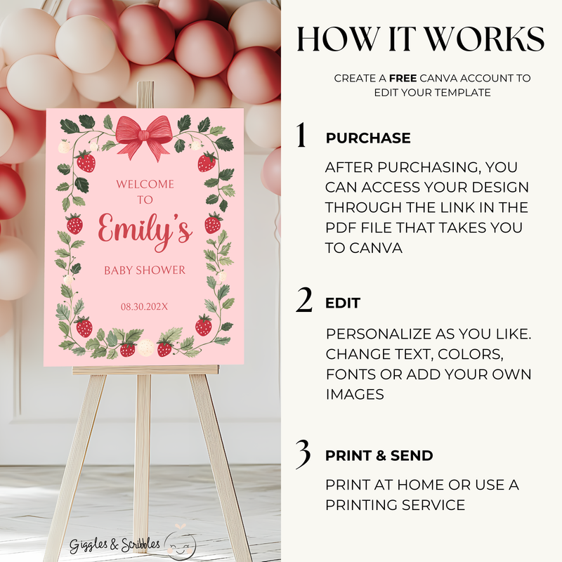Baby Shower Welcome Sign - Pink Strawberry Berry Sweet Vintage Floral BS63